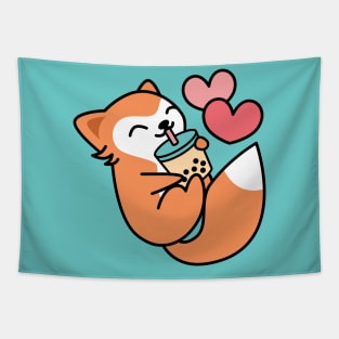 Cute Kawaii Fox Sipping Boba Tea - Bubble Tea Tapestry