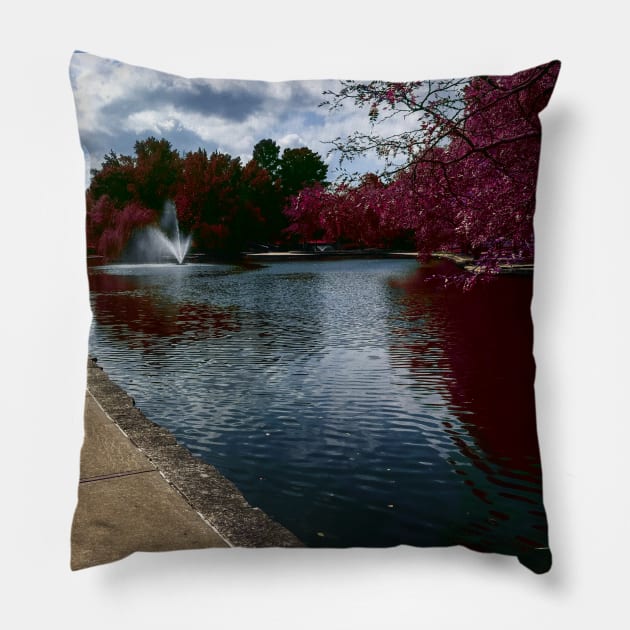 Fantasy Nature Scene with Pink Leaves and Grass Reflecting in the Water - Loose Park Kansas City Pillow by Zen Goat 