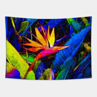 Colorful Bird of Paradise Flower and Leaves Painting Tapestry