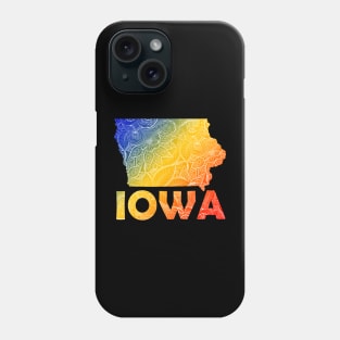 Colorful mandala art map of Iowa with text in blue, yellow, and red Phone Case