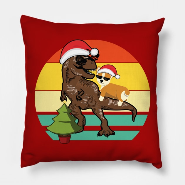 Corgi Riding T Rex with Christmas Tree Pillow by XOZ