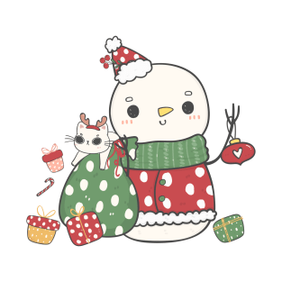 cute Christmas doodle snowman and cat cartoon T-Shirt