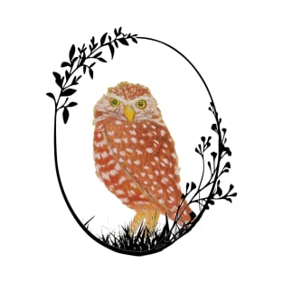 Brown and White Spotted Owl in an Oval Botanical Wreath T-Shirt