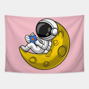 Cute Astronaut Reading Book On Moon Cartoon Tapestry