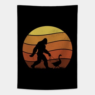 Funny Bigfoot Walking a Goose Vintage Retro Sunset Tapestry