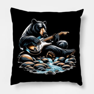 Black Bear Playing Electric Guitar Pillow