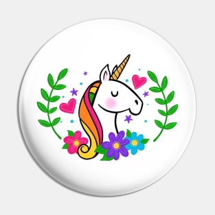 Colorful Rainbow Unicorn with Flowers Pin