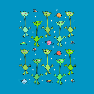 Colorful Aliens in Space Pattern T-Shirt