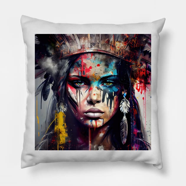 Powerful American Native Warrior Woman #5 Pillow by Chromatic Fusion Studio