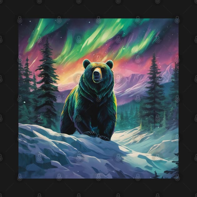 Brown Bear with Forest and Borealis, Colorful, Beautiful by BirdsnStuff