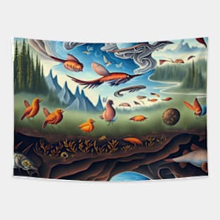 Metamorphosis Skies: A Surreal Landscape of Birds, Fish, and Reptiles in Transformation Tapestry