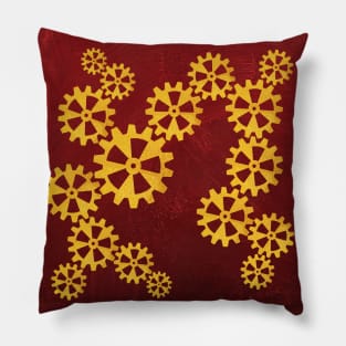 Golden steampunk gears on a red background Pillow