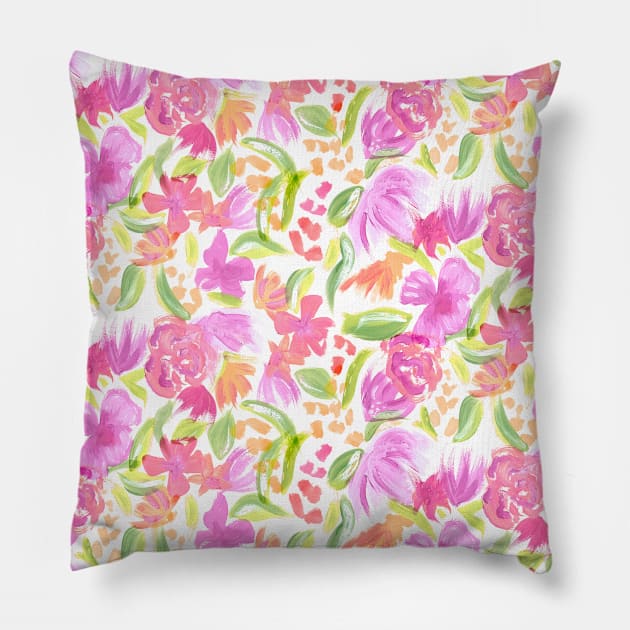 Oil Painted Pink Flowers Pillow by Carolina Díaz