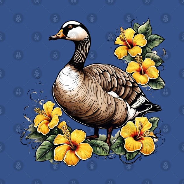 Cute Nene Hawaiian Goose With Yellow Hibiscus by taiche