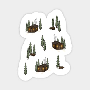 Cosy Cabin in the Woods with Bears Digital Pattern Illustration Magnet