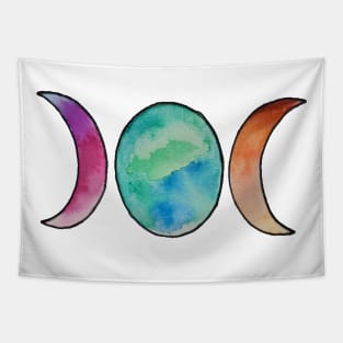 Triple moon goddess symbol in rainbow colors watercolor painting Tapestry