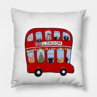 Double Decker Bus Christmas Cats Pillow