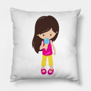 Girl With Ice Cream, Brown Hair, Cute Girl Pillow