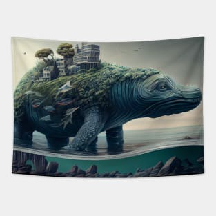 Dinosaur on water with buildings on top Tapestry