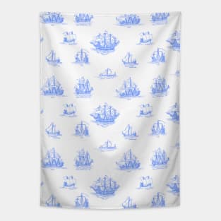 Vintage Blue Ships Tapestry