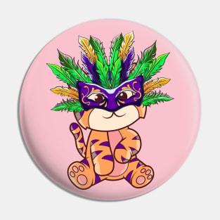 Mardi Gras with Cute Tiger Mardi Mask Beads Feathers Pin