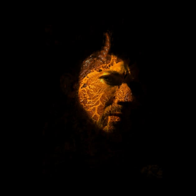 Portrait, digital collage and special processing. Devil face, side. Horn and lava texture. Yellow and green. by 234TeeUser234