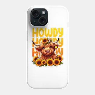 Kawaii Cow Howdy Highland Cow with Sunflowers Phone Case