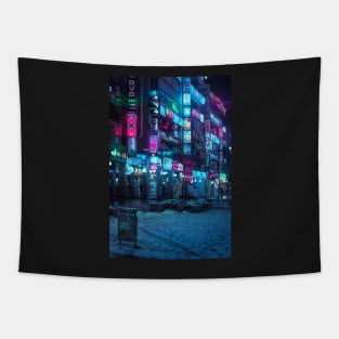 Seoul in the Snow Cyberpunk Neon City Synthwave cyberpunk aesthetic. Tapestry