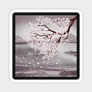 Cherry blossom branch. Water landscape watercolor illustration. Sakura flowers spring scenery Magnet