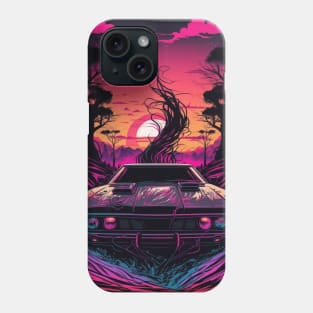 80s Car Driving Away From Tornado And Synthwave Sun Phone Case