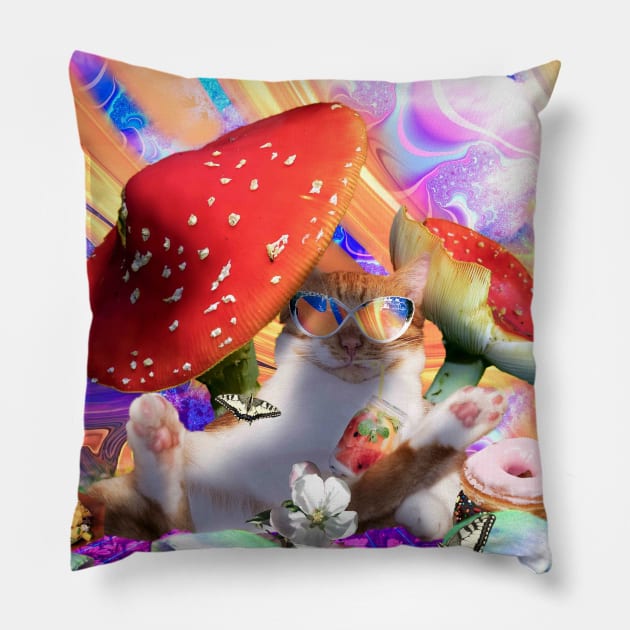 Trippy Psychedelic Kitty Cat Funny Mushroom Kitten Pillow by Random Galaxy