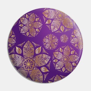 Mandala and Leaves Floral Pattern Gold Five Petal Flower on Purple Ombre Pin