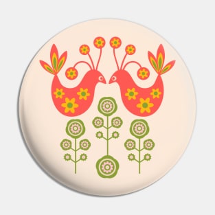 LOVE BIRDS Folk Art Mid-Century Modern Scandi Floral With Birds Flowers Feathers in Coral Orange Yellow Pink Green on Cream - UnBlink Studio by Jackie Tahara Pin