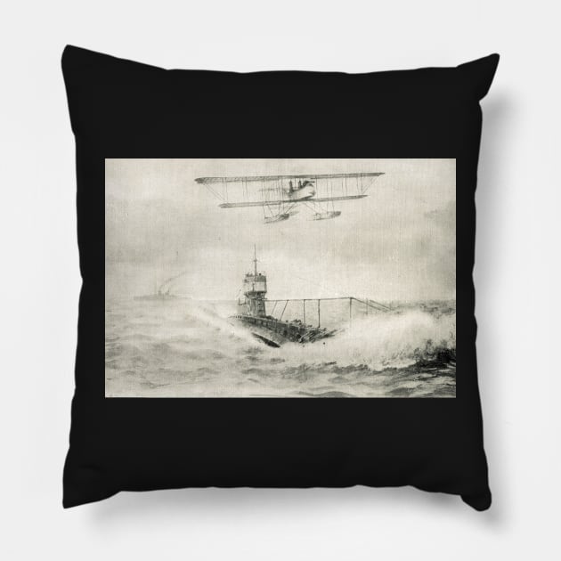 WW1 Floatplane & Submarine sea scene Pillow by artfromthepast