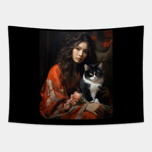 Geisha in kimono with cat Japanese Neko vintage art Tapestry