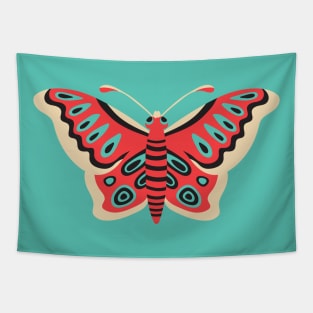 FOLK FLUTTER Folk Art Butterfly in Retro Red Turquoise Black Cream - UnBlink Studio by Jackie Tahara Tapestry