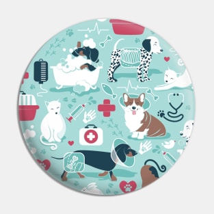 Veterinary medicine, happy and healthy friends // pattern // aqua background red details navy blue white and brown cats dogs and other animals Pin