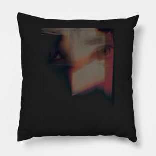 Digital collage, special processing. Abstract art. Eyes, overlay with light shapes. Beautiful. Pink and yellow. Pillow