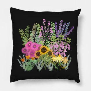 English cottage Garden on Black Background Pillow