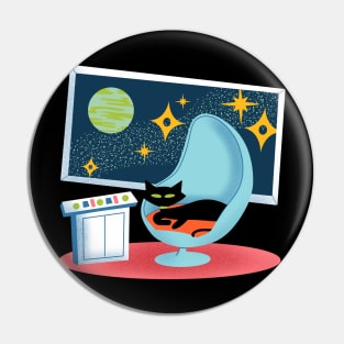 Funny Mid-Century Modern Atomic Cat in Space on Captain's Chair Pin