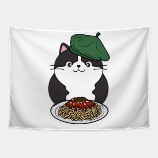 Cute Fat cat is eating spaghetti Tapestry