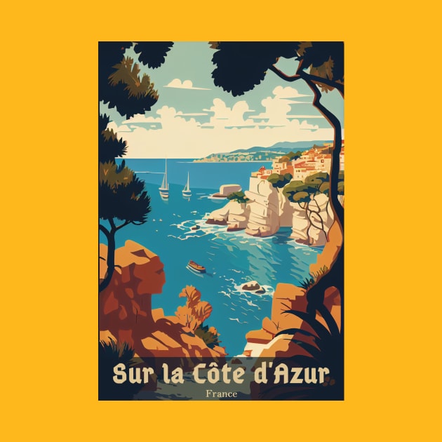 Sur La Cote d' Azur France, French Riviera, Vintage Travel Poster by GreenMary Design