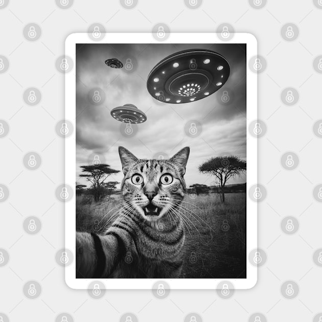 Selfie of Funny Cat and Aliens UFO 3 Magnet by Megadorim