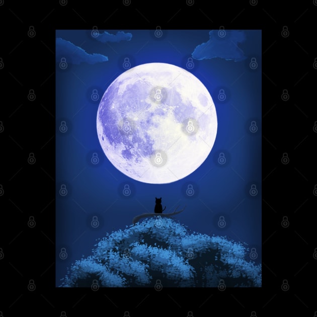 Cat Staring at the Bright Moon Anime Background Landscape by DotNeko