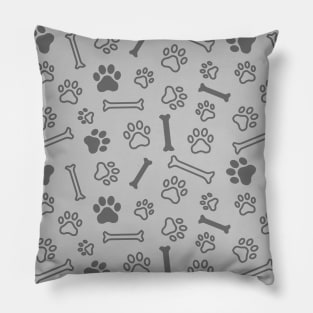 Pet - Cat or Dog Paw Footprint and Bone Pattern in Grey Tones Pillow