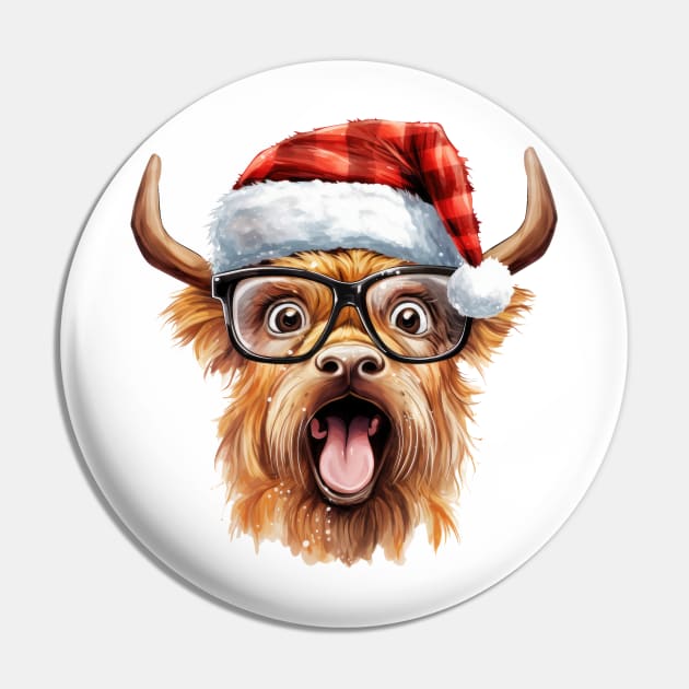 Funny Christmas Highland Cow Face Pin by Chromatic Fusion Studio