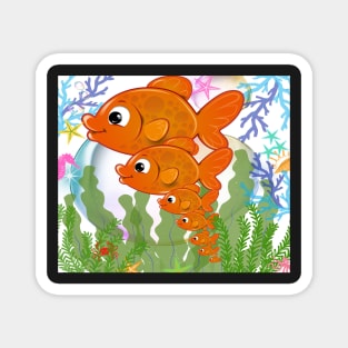 aquarium illustration with big orange fish family Magnet