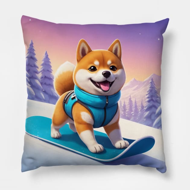 Snowboarding Shiba Inu Pillow by nicecorgi