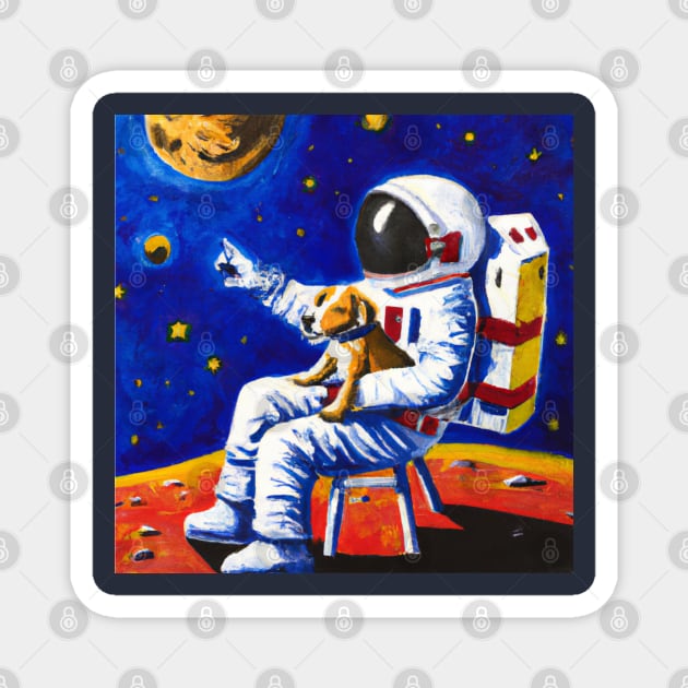 Astronaut sitting with his dog on the moon, starring into space. Magnet by Boztik-Designs