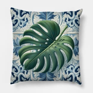 Classic Delft Tile With Monstera Leaf No.2 Pillow